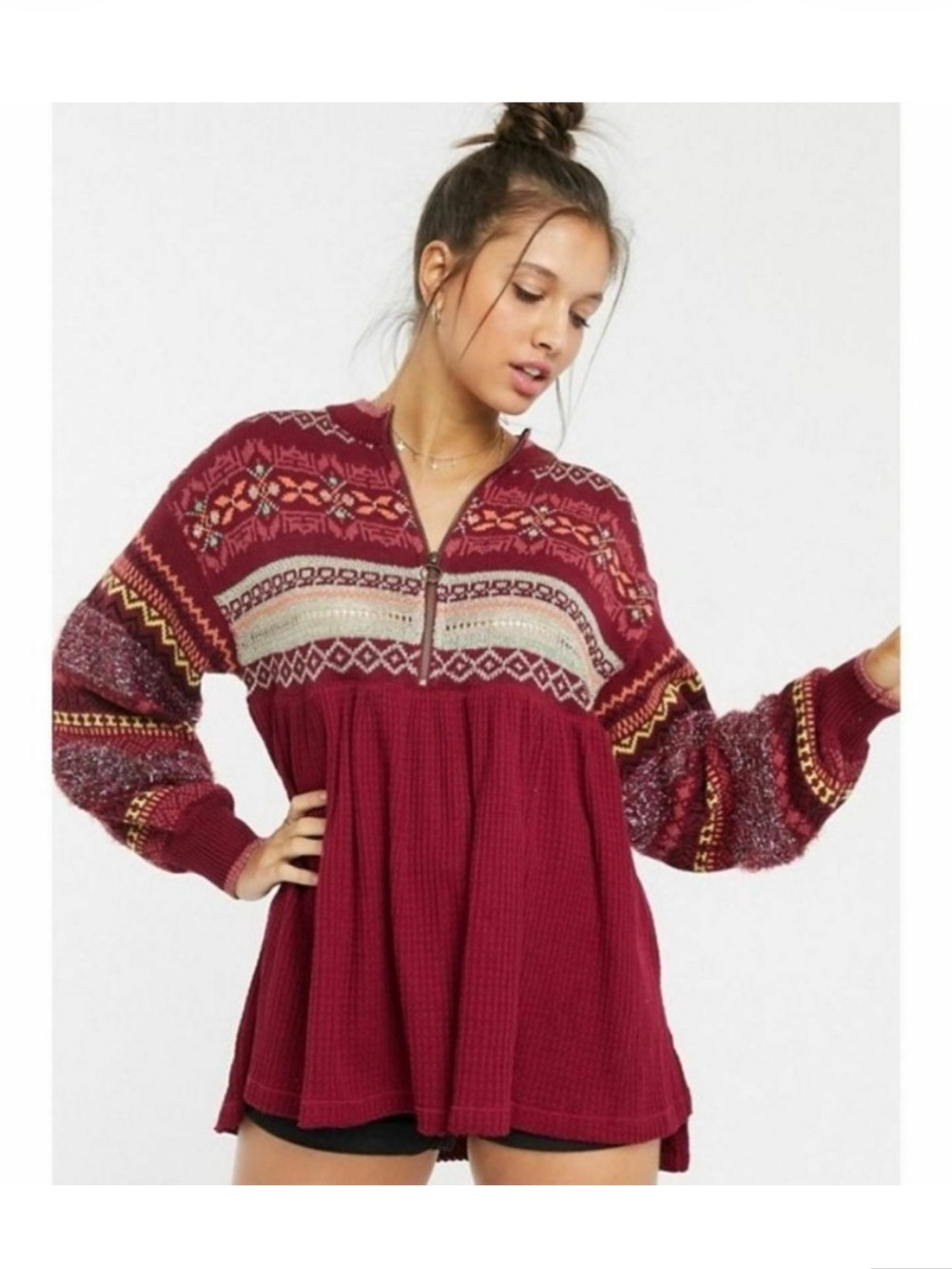 Free People Fair Isle Cozy Cottage Sweater Pullover Tunic Bell Sleeves Top S